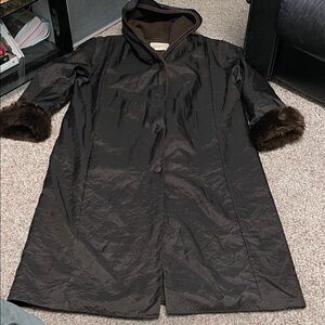 Vintage Linda lundstrom Brown Hooded Coat with Faux Fur cuff Trim